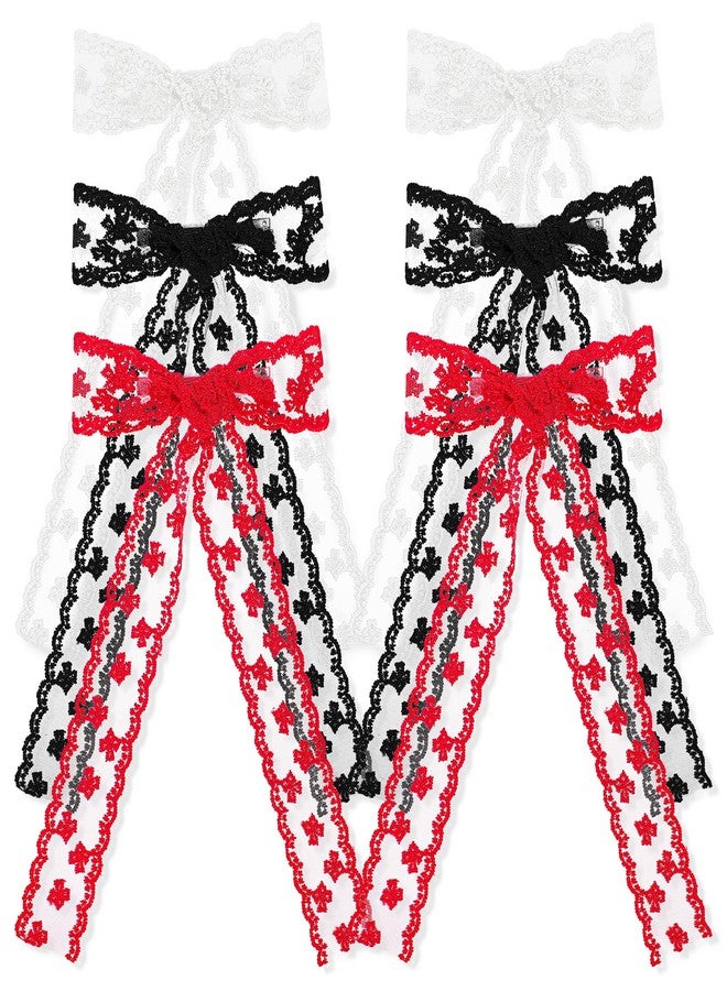 WJIAAA 6pcs Lace Hair Bow Clip, Lace Tassel Bows Metal Clips with Long Tail Ribbons, Coquette Bow Barrettes Black Red White Long Tail Ribbon Hair Bows for Women Christmas Valentines Wedding Prom - Image 1
